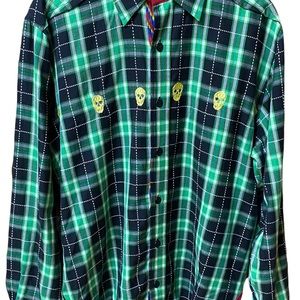Men's Massive Revolution "Day of the Dead" Green Plaid LS Skull Shirt LG Braided